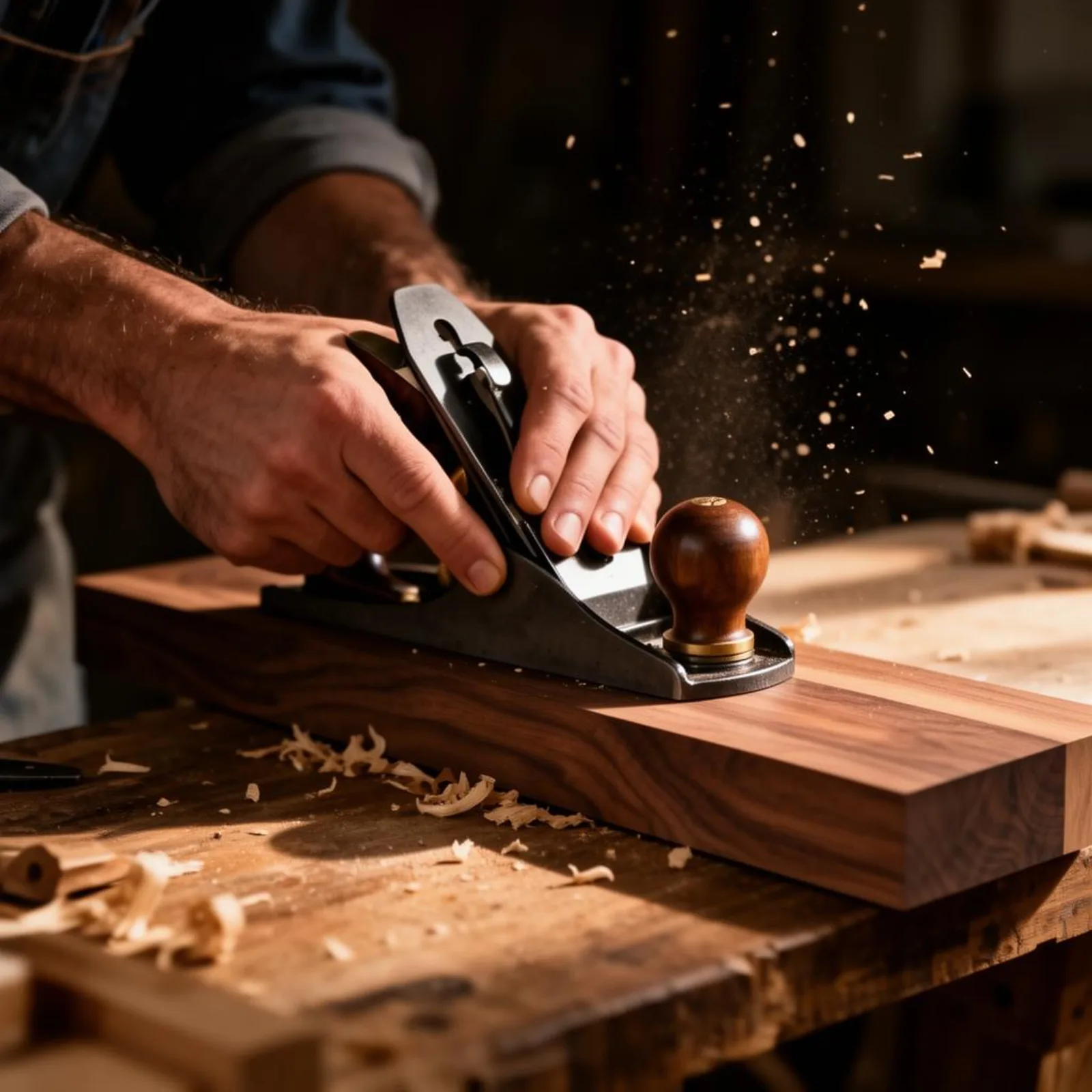Craftsman hand-planing a walnut board